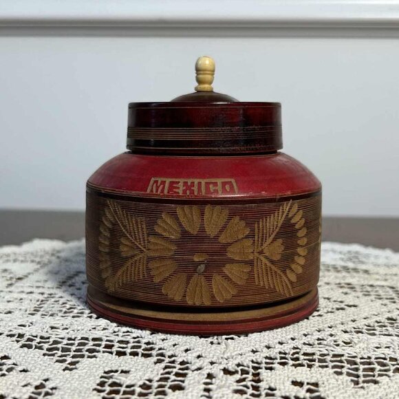Mid century Mexico rose colored wooden round trinket box - Picture 1 of 8